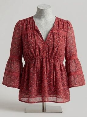 Y2K Lucky Brand Red Floral Chiffon Peasant Blouse M Cottagecore Boho Lace Fairy